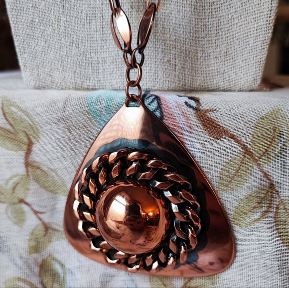 Vintage Copper Triangle Statement Necklace Renoir? MCM Jewelry J Hook Clasp - Picture 1 of 9